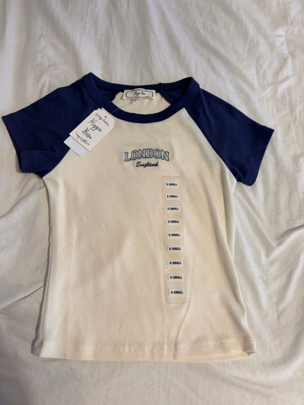 Hippie Rose Cream Tee with Navy Sleeves - "London England" Embroidery